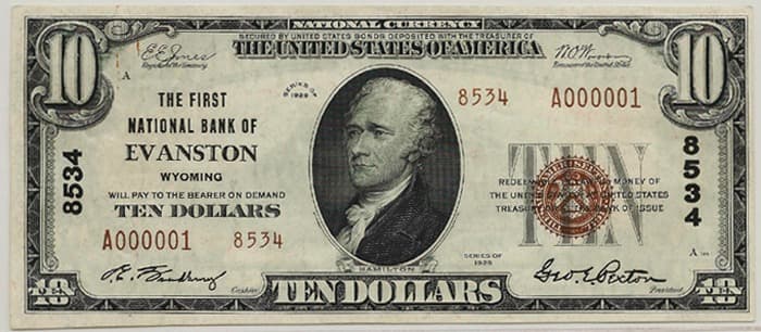 A vintage $10 National Currency bill from The First National Bank of Evanston, Wyoming