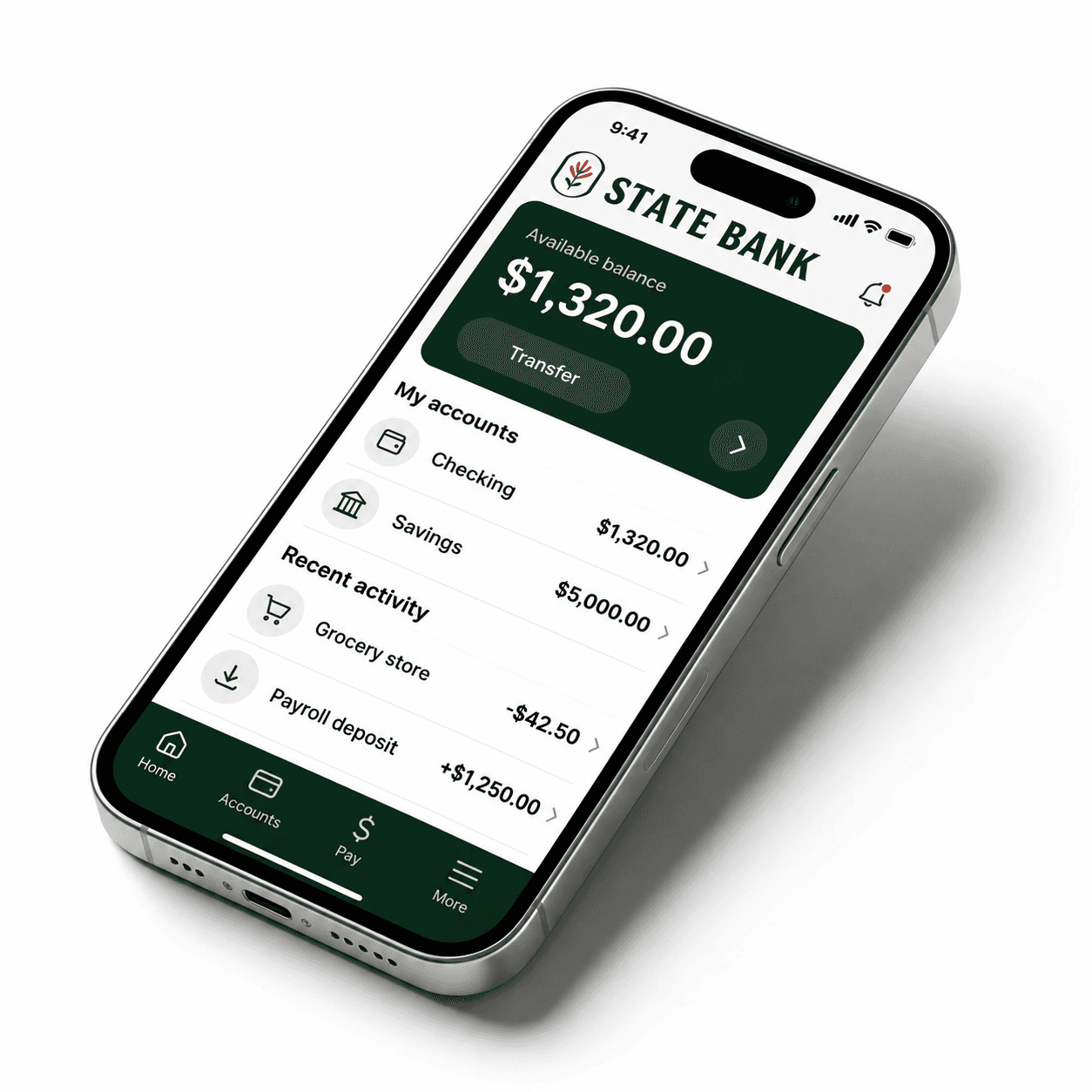Illustrative State Bank mobile banking screen with account balances and recent activity