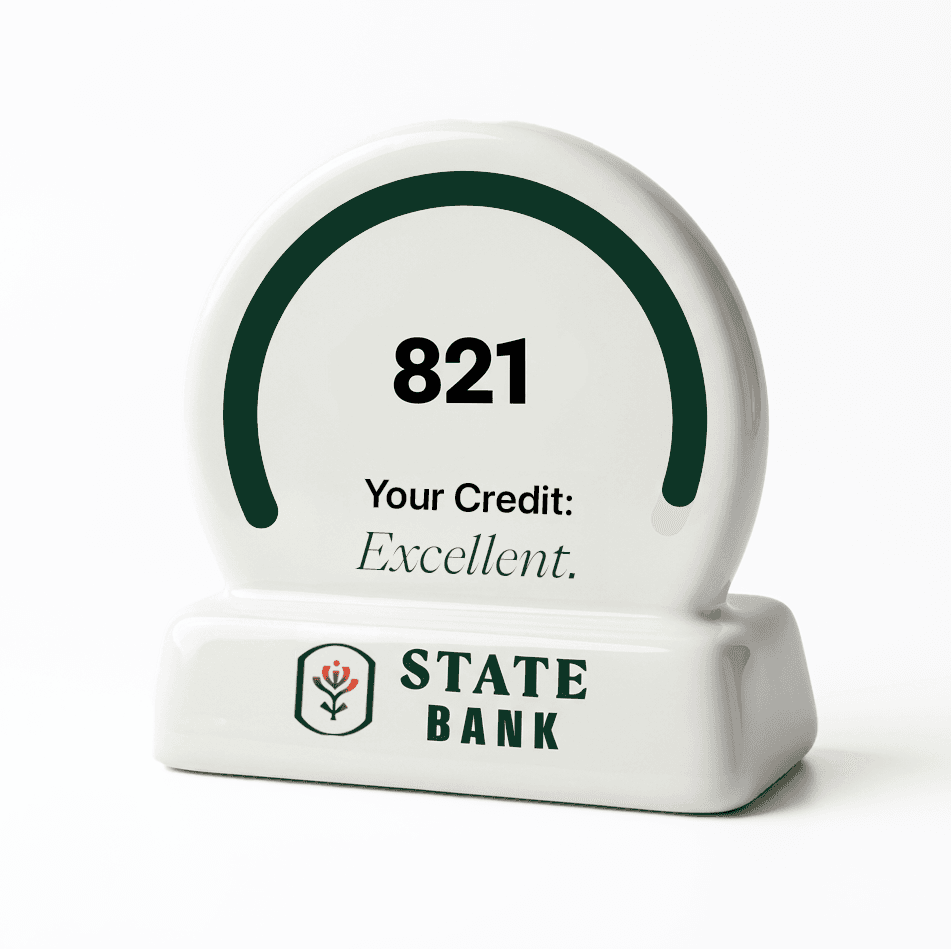 Credit Score 821 - Excellent Credit Display with State Bank Logo