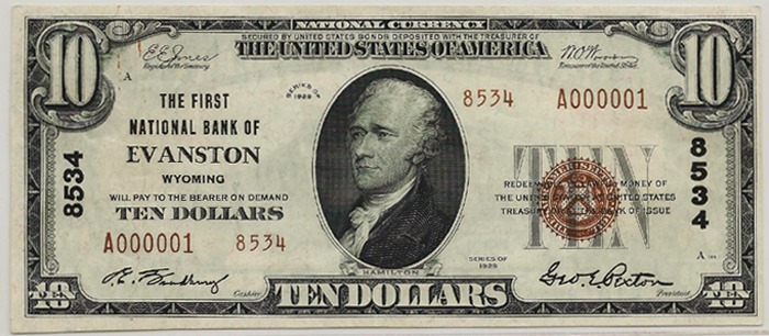 A vintage $10 National Currency bill from The First National Bank of Evanston, Wyoming